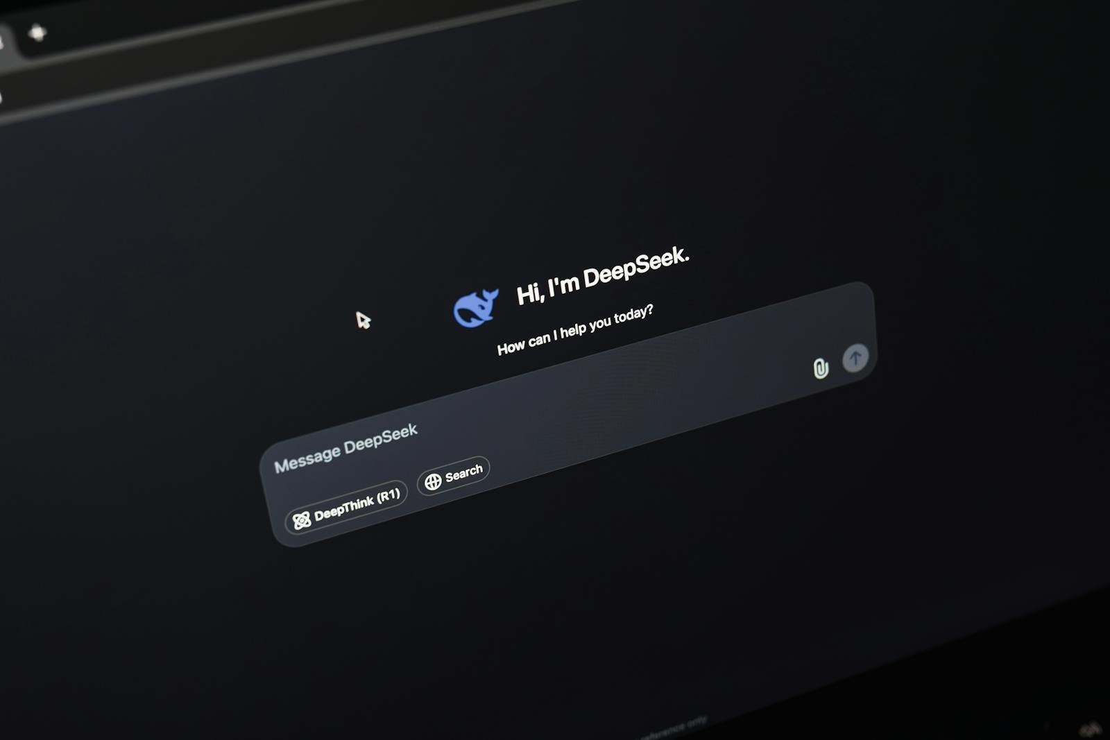 Screen displaying AI chat interface DeepSeek on a dark background.