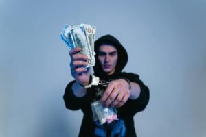 Handcuffed man in a hoodie holding cash and drugs, depicting crime and addiction.