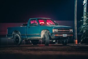 chevy, pickup, automobile, vehicle, old, retro, blue, dark, night, spanish lookout, 1992, truck