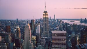 The Empire State Building rising above the Manhattan skyline in New York City