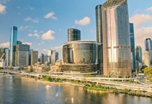 Modern skyscrapers and the Brisbane River at sunset in Brisbane, Australia